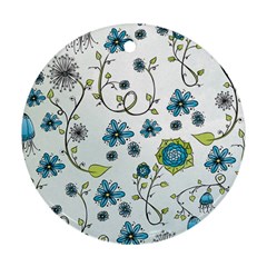 Blue Whimsical Flowers  on blue Round Ornament