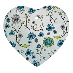 Blue Whimsical Flowers  on blue Heart Ornament