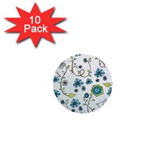 Blue Whimsical Flowers  on blue 1  Mini Button (10 pack)