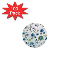 Blue Whimsical Flowers  On Blue 1  Mini Button (100 Pack) by Zandiepants