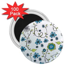 Blue Whimsical Flowers  on blue 2.25  Button Magnet (100 pack)