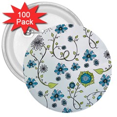 Blue Whimsical Flowers  On Blue 3  Button (100 Pack) by Zandiepants