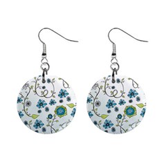 Blue Whimsical Flowers  on blue Mini Button Earrings