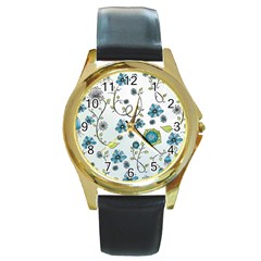 Blue Whimsical Flowers  on blue Round Leather Watch (Gold Rim) 