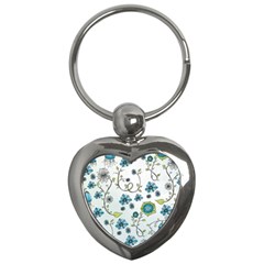 Blue Whimsical Flowers  on blue Key Chain (Heart)