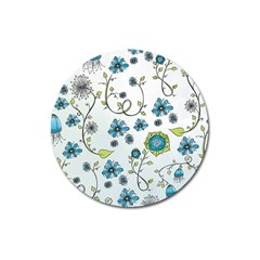 Blue Whimsical Flowers  on blue Magnet 3  (Round)