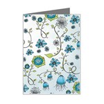 Blue Whimsical Flowers  on blue Mini Greeting Card Left