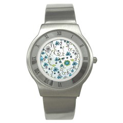 Blue Whimsical Flowers  on blue Stainless Steel Watch (Slim)