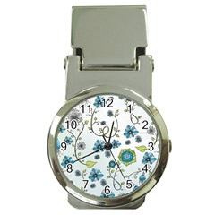 Blue Whimsical Flowers  on blue Money Clip with Watch