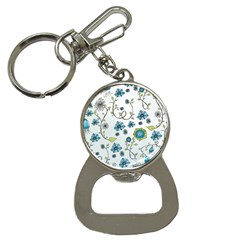 Blue Whimsical Flowers  on blue Bottle Opener Key Chain