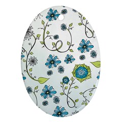 Blue Whimsical Flowers  on blue Oval Ornament (Two Sides)