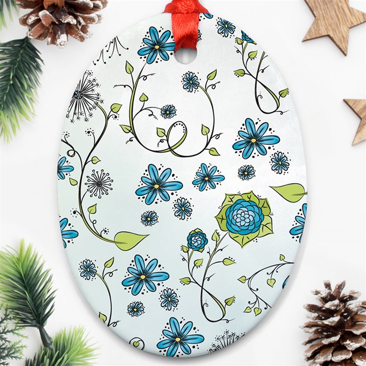 Blue Whimsical Flowers  on blue Oval Ornament (Two Sides)