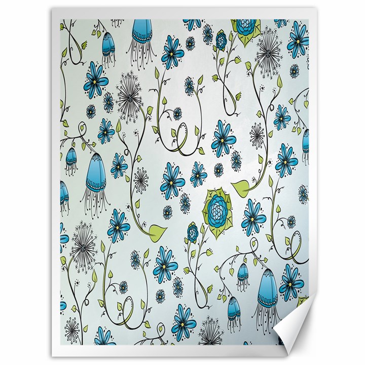 Blue Whimsical Flowers  on blue Canvas 36  x 48  (Unframed)