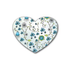 Blue Whimsical Flowers  on blue Drink Coasters 4 Pack (Heart) 