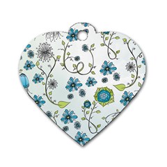 Blue Whimsical Flowers  on blue Dog Tag Heart (One Sided) 