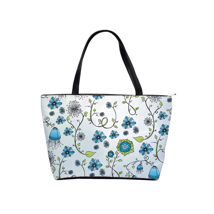 Blue Whimsical Flowers  on blue Large Shoulder Bag