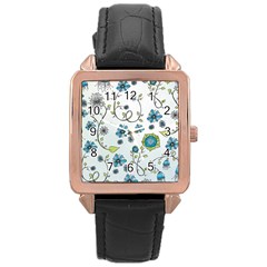 Blue Whimsical Flowers  on blue Rose Gold Leather Watch 