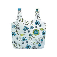 Blue Whimsical Flowers  on blue Reusable Bag (S)