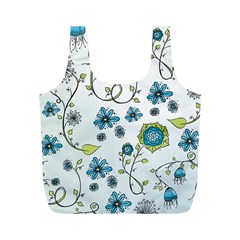 Blue Whimsical Flowers  on blue Reusable Bag (M)