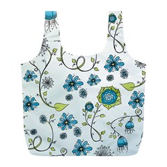 Blue Whimsical Flowers  on blue Reusable Bag (L)