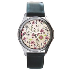 Pink Whimsical Flowers On Beige Round Leather Watch (silver Rim) by Zandiepants