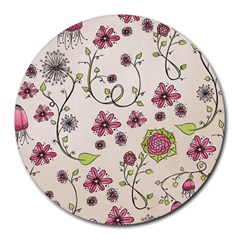 Pink Whimsical Flowers On Beige 8  Mouse Pad (round) by Zandiepants