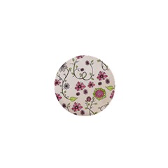 Pink Whimsical Flowers On Beige 1  Mini Button by Zandiepants