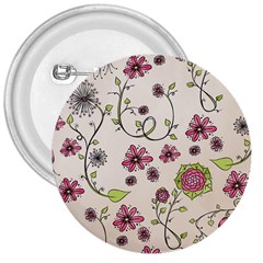 Pink Whimsical Flowers On Beige 3  Button by Zandiepants