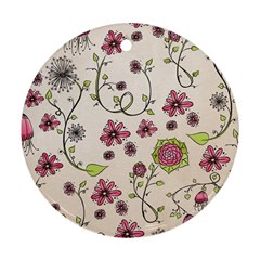 Pink Whimsical Flowers On Beige Round Ornament by Zandiepants