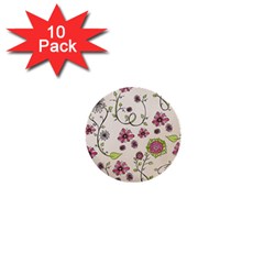 Pink Whimsical Flowers On Beige 1  Mini Button (10 Pack) by Zandiepants