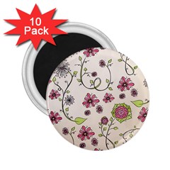 Pink Whimsical Flowers On Beige 2 25  Button Magnet (10 Pack) by Zandiepants