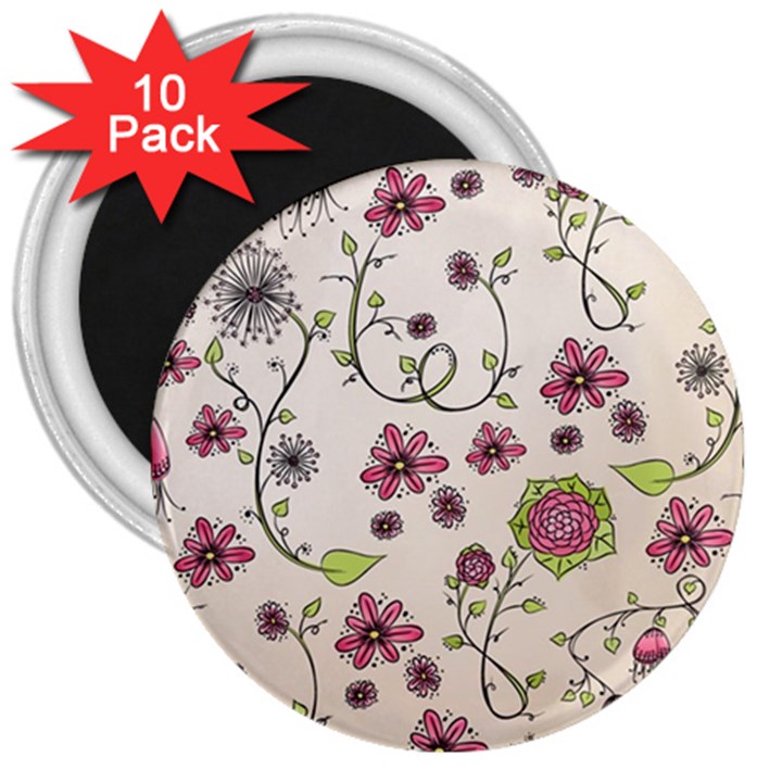 Pink Whimsical flowers on beige 3  Button Magnet (10 pack)