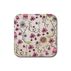 Pink Whimsical Flowers On Beige Drink Coaster (square) by Zandiepants