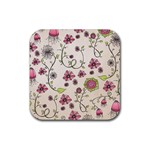 Pink Whimsical flowers on beige Drink Coaster (Square) Front