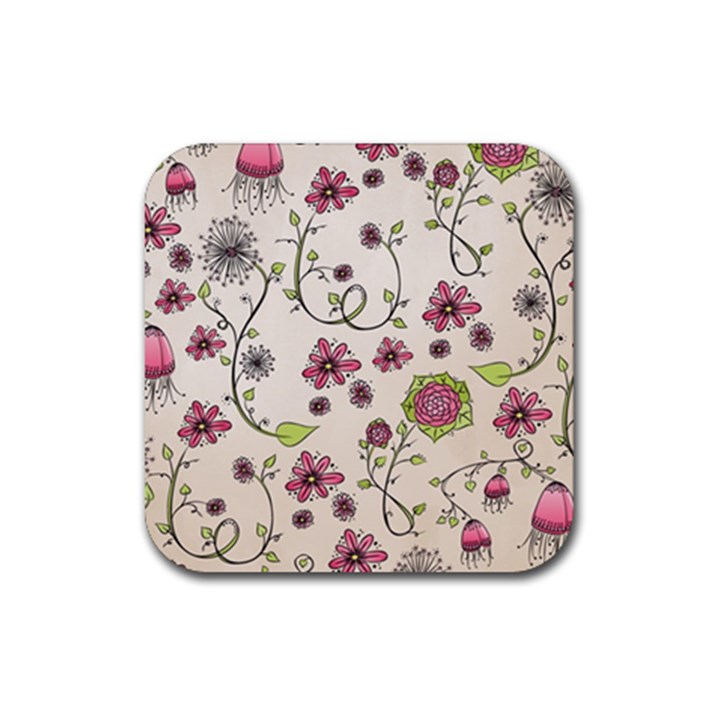 Pink Whimsical flowers on beige Drink Coaster (Square)