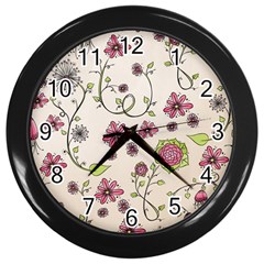 Pink Whimsical Flowers On Beige Wall Clock (black) by Zandiepants