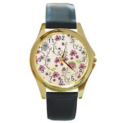 Pink Whimsical Flowers On Beige Round Leather Watch (gold Rim)  by Zandiepants