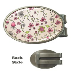 Pink Whimsical Flowers On Beige Money Clip (oval) by Zandiepants