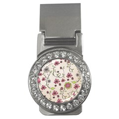 Pink Whimsical Flowers On Beige Money Clip (cz) by Zandiepants