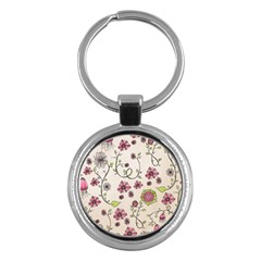 Pink Whimsical Flowers On Beige Key Chain (round) by Zandiepants