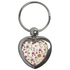 Pink Whimsical Flowers On Beige Key Chain (heart) by Zandiepants