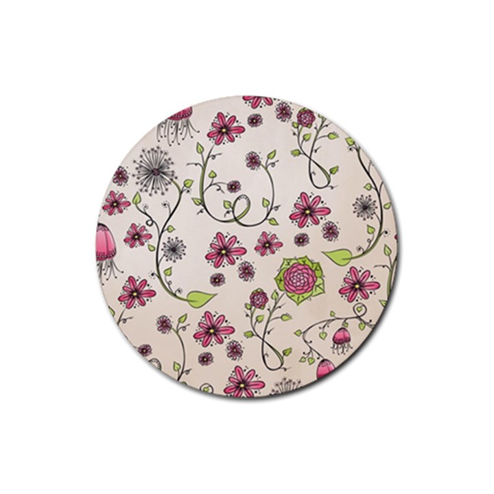 Pink Whimsical flowers on beige Drink Coaster (Round)