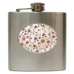 Pink Whimsical Flowers On Beige Hip Flask by Zandiepants