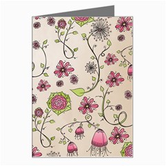 Pink Whimsical Flowers On Beige Greeting Card by Zandiepants