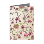 Pink Whimsical flowers on beige Mini Greeting Card Left