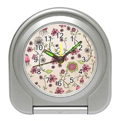 Pink Whimsical Flowers On Beige Desk Alarm Clock