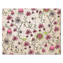 Pink Whimsical Flowers On Beige Jigsaw Puzzle (rectangle) by Zandiepants