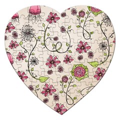 Pink Whimsical Flowers On Beige Jigsaw Puzzle (heart) by Zandiepants