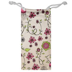 Pink Whimsical Flowers On Beige Jewelry Bag by Zandiepants