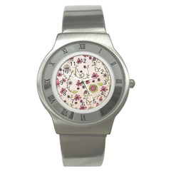 Pink Whimsical Flowers On Beige Stainless Steel Watch (slim) by Zandiepants